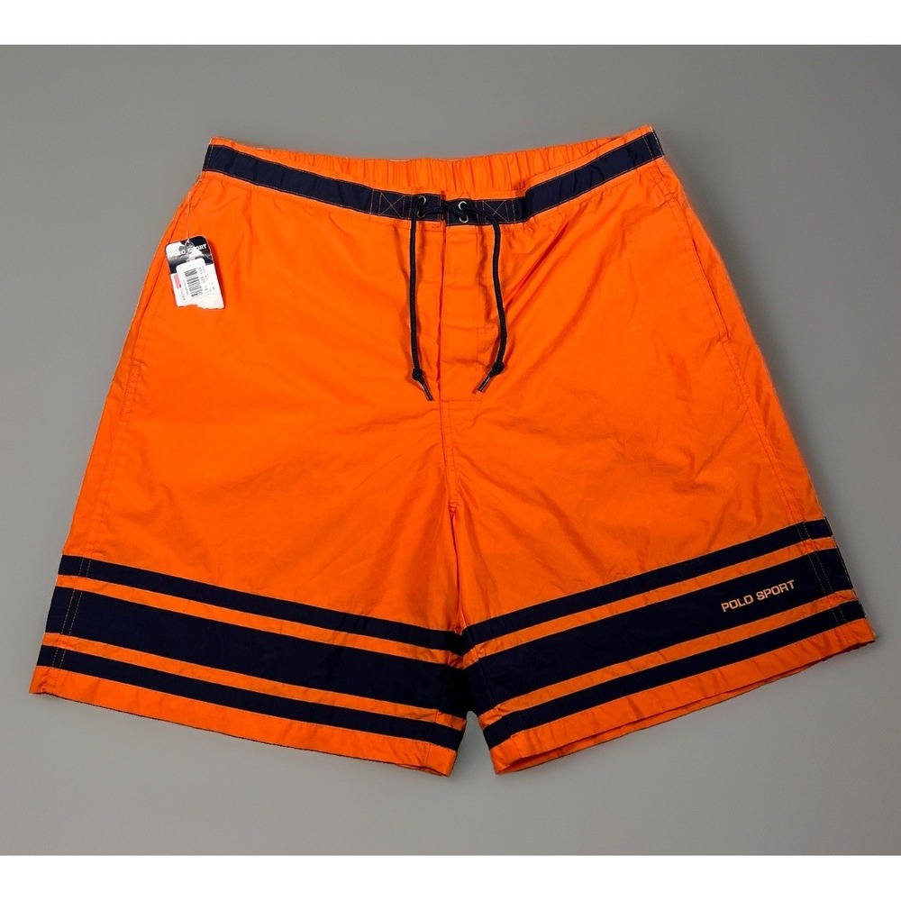 VTG Polo Sport Ralph Lauren Mens L Swim Shorts Orange Navy Striped Trunks 8" NWT